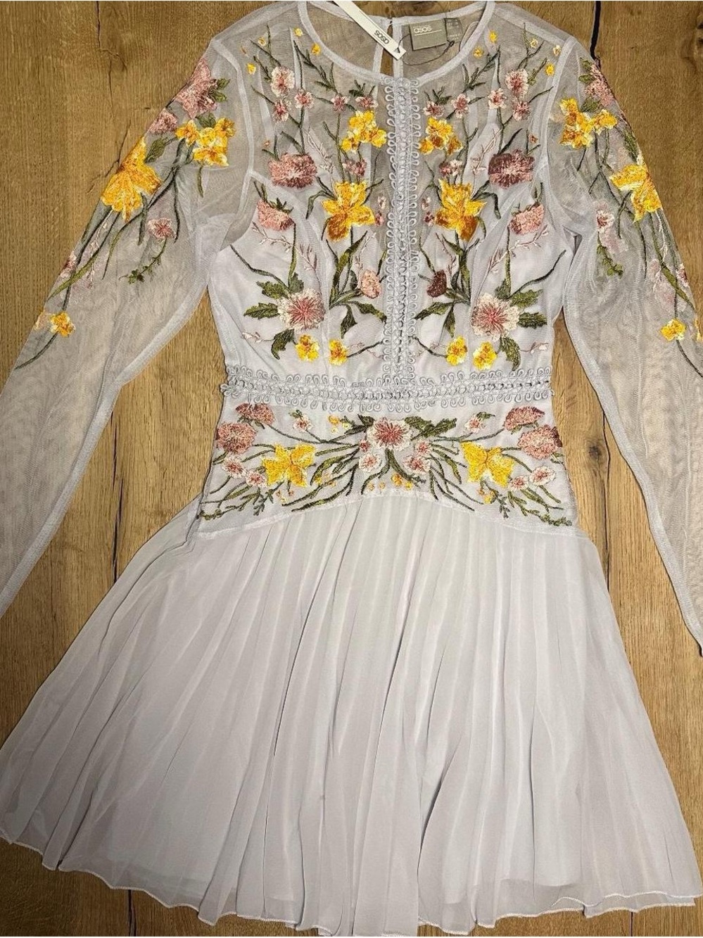ASOS Embroidered floral maxi dress with mesh sleeves and pleated skirt S